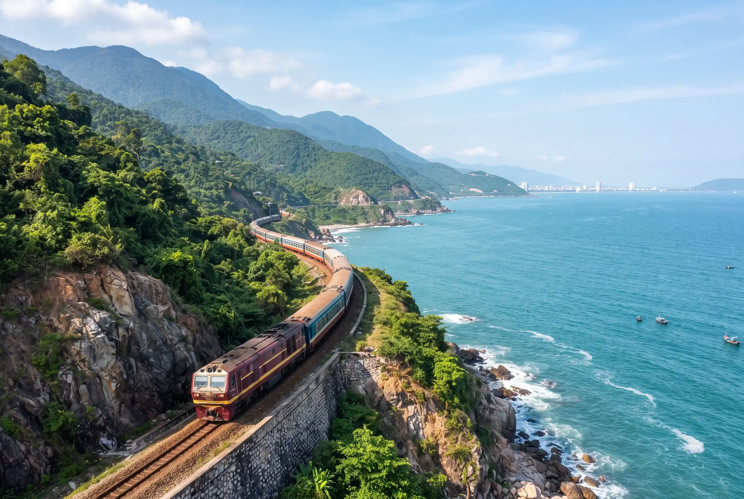 A train on the coastal Hai Van Pass in Vietnam