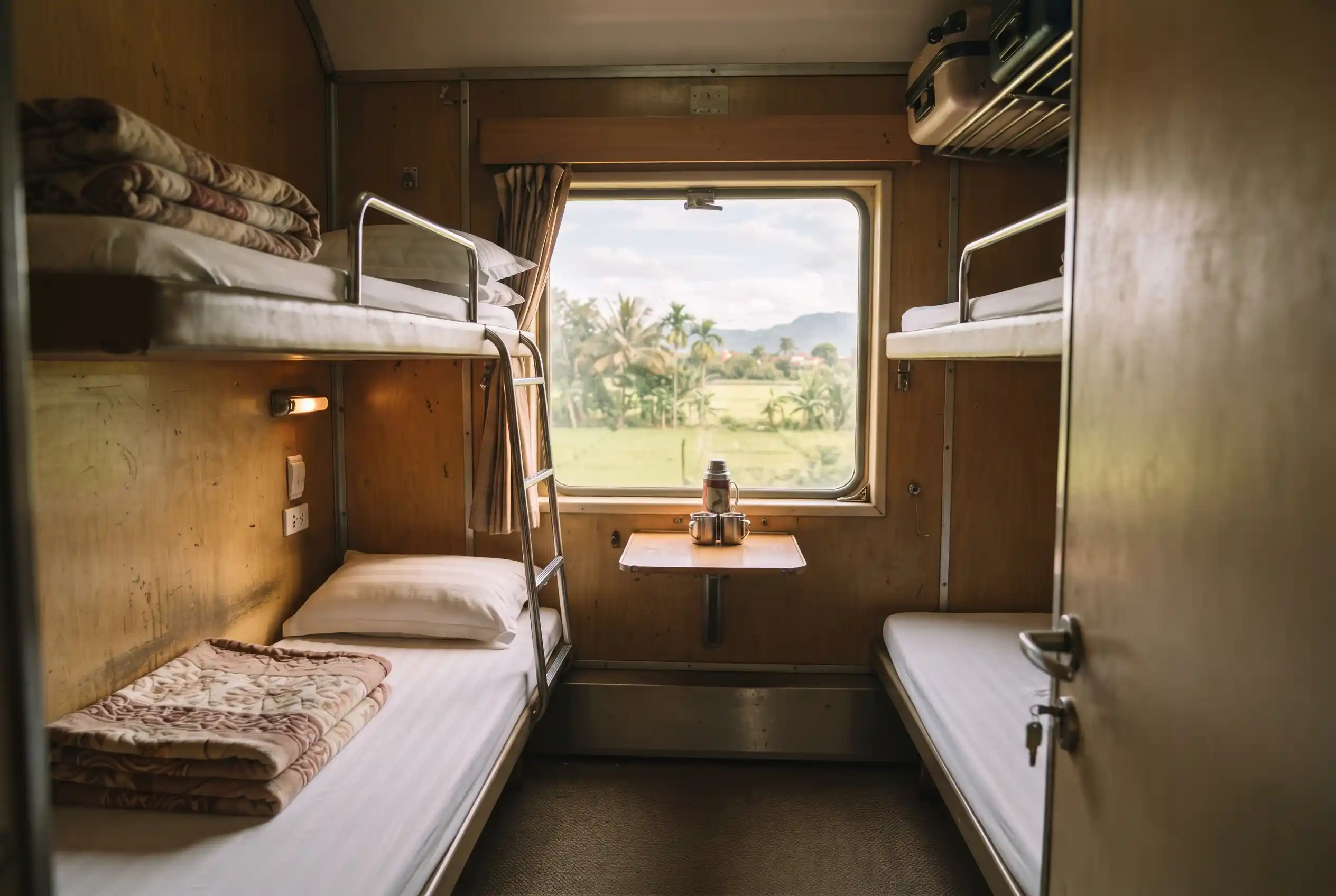 The interior of a four berth soft sleeper cabin on a Vietnamese train