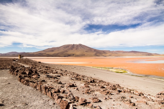 Laguna Colorada in southwestern Bolivia with red water and white borax islands