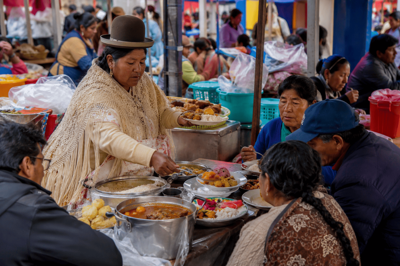 A busy market food stall with a vendor serving plates to seated diners