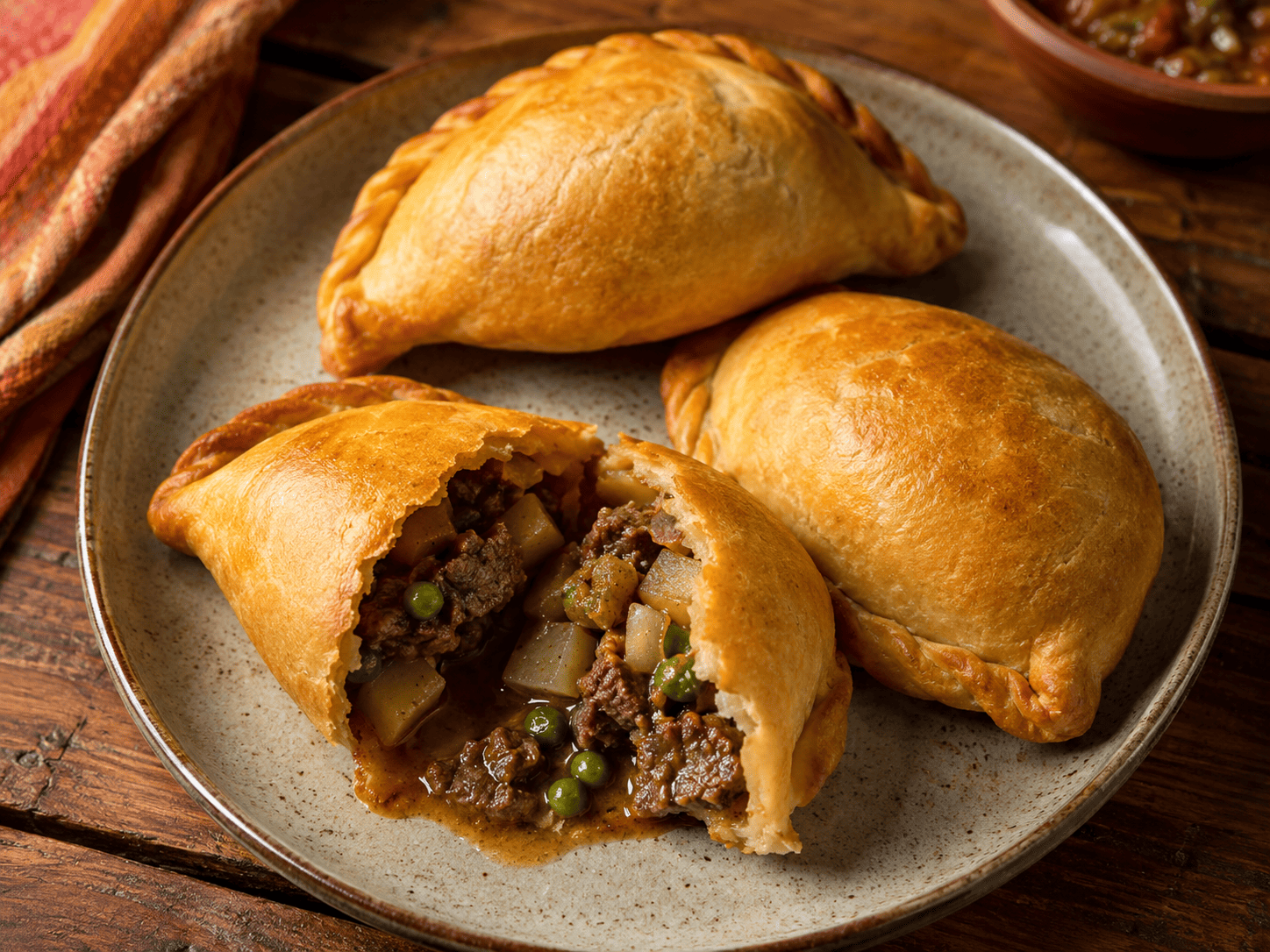 Freshly baked saltenas with golden-brown crimped pastry, one cut open showing the filling