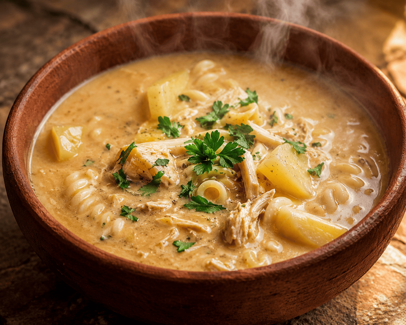 A bowl of sopa de mani showing creamy broth with chunks of potato and pasta