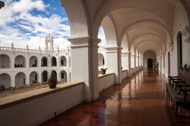The white colonial architecture of Sucre's historic centre with the cathedral on Plaza 25 de Mayo