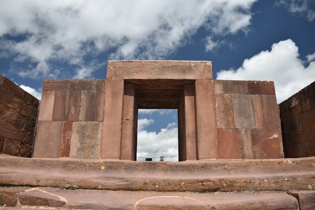 The Puerta del Sol (Gate of the Sun) monolithic arch at the Tiwanaku archaeological site on the Bolivian Altiplano